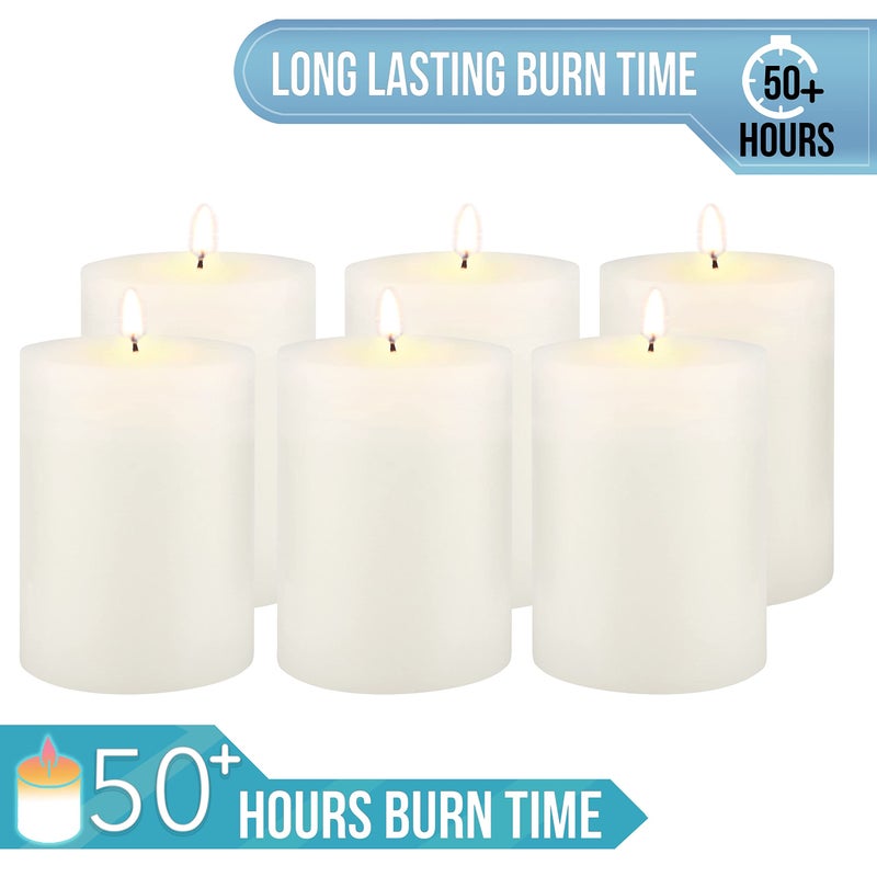 Stonebriar Tall 3 x 4 Inch 50 Hour Long Burning Unscented Wax Flat Top Pillar Candles, White, 6 Pack - Image 5